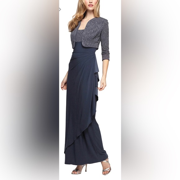 Alex Evenings Long Side Ruched Glitter Jacquard Knit Jersey Gown Size 6 NWT - Picture 4 of 16